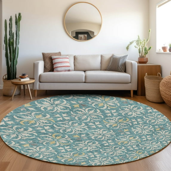 Addison Rugs Chantille Indoor/Outdoor Transitional Floral Teal Washable Round Rug, 8' x 8'