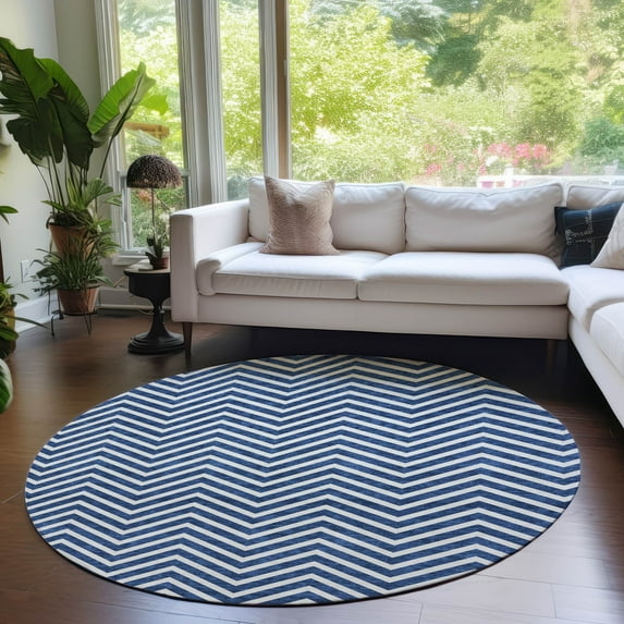 Addison Rugs Chantille Indoor/Outdoor Transitional Chevron Blue Washable Round Rug, 8' x 8'