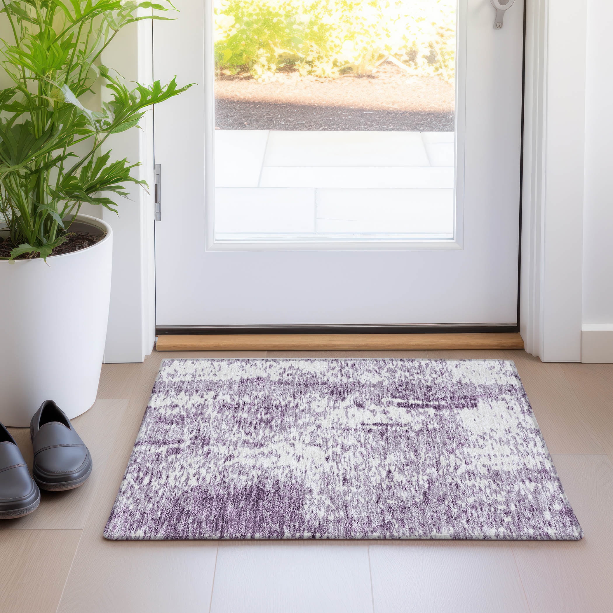 Lavender and White Synthetic Washable Rectangular Rug