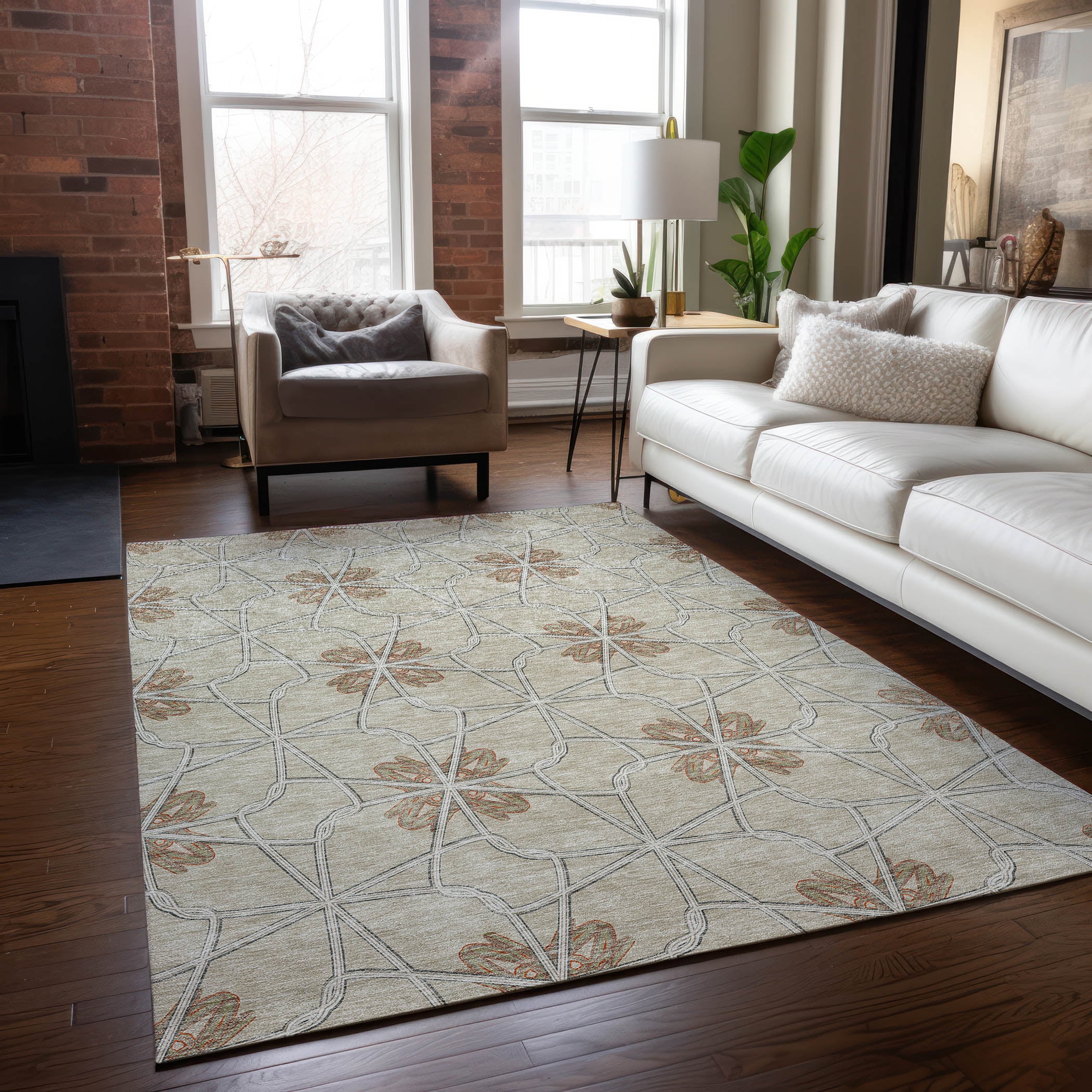 Beige Geometric Machine-Washable Indoor/Outdoor Area Rug 2'6" x 3'10"