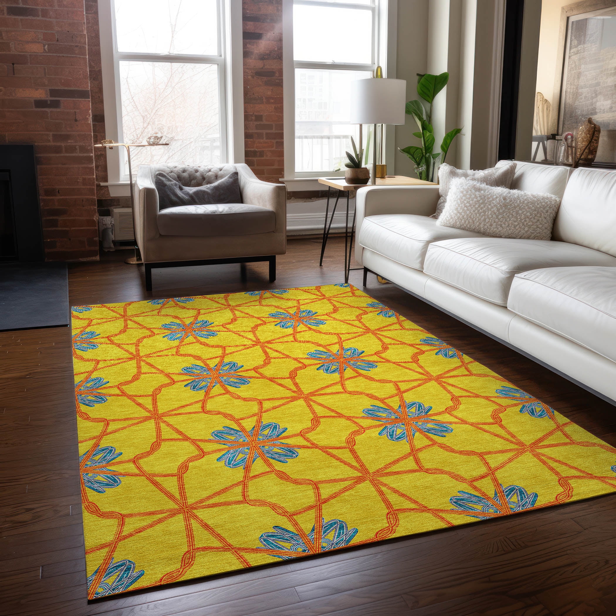 Yellow Geometric Synthetic Indoor/Outdoor Washable Rug 2'6" x 3'10"