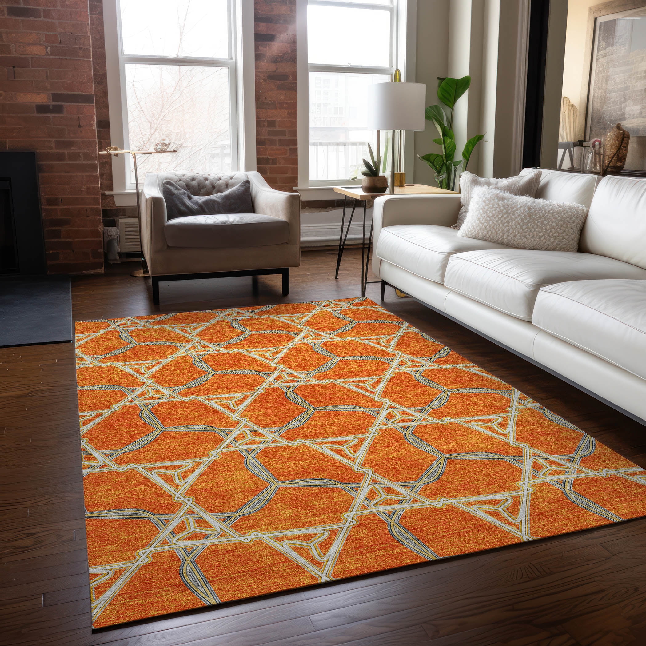 Orange Geometric Flat Woven Synthetic Indoor/Outdoor Rug 2'6" x 3'10"