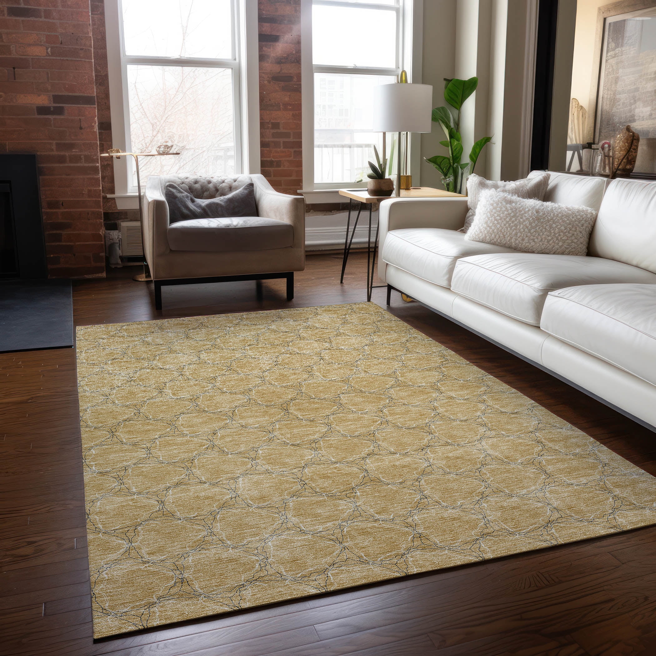 Wheat Geometric Machine-Washable Indoor/Outdoor Rug 2'6" x 3'10"