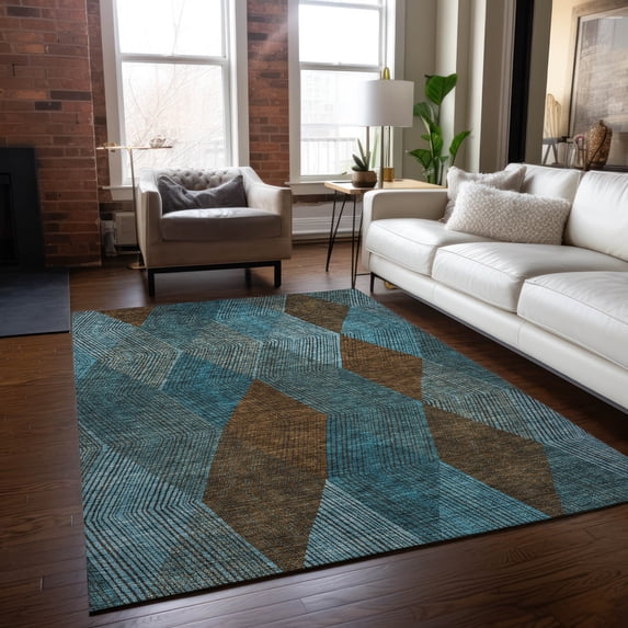 Addison Rugs Chantille Indoor/Outdoor Transitional Geometric Teal Washable Rectangle Rug, 5' x 7'6"