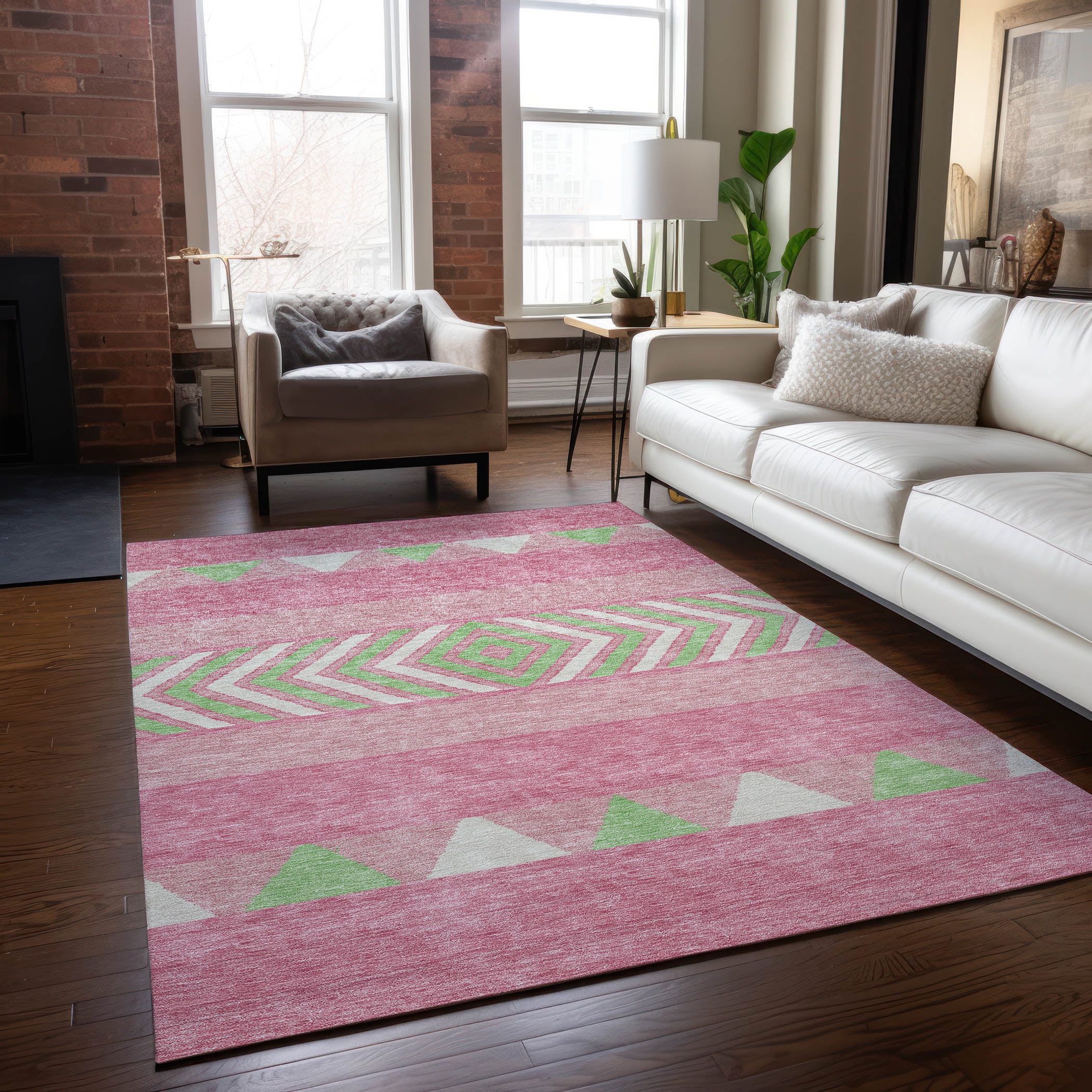 Pink and Green Geometric Indoor Outdoor Washable Rug