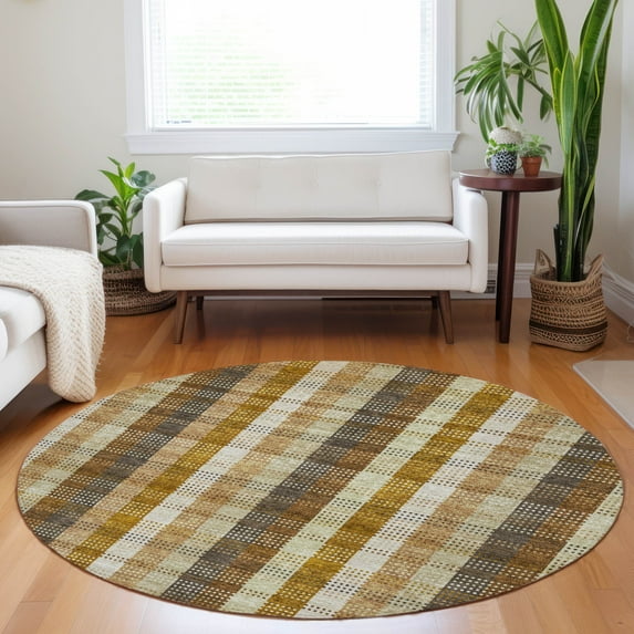 Addison Rugs Chantille Indoor/Outdoor Transitional Plaid Wheat Washable Round Rug, 8' x 8'