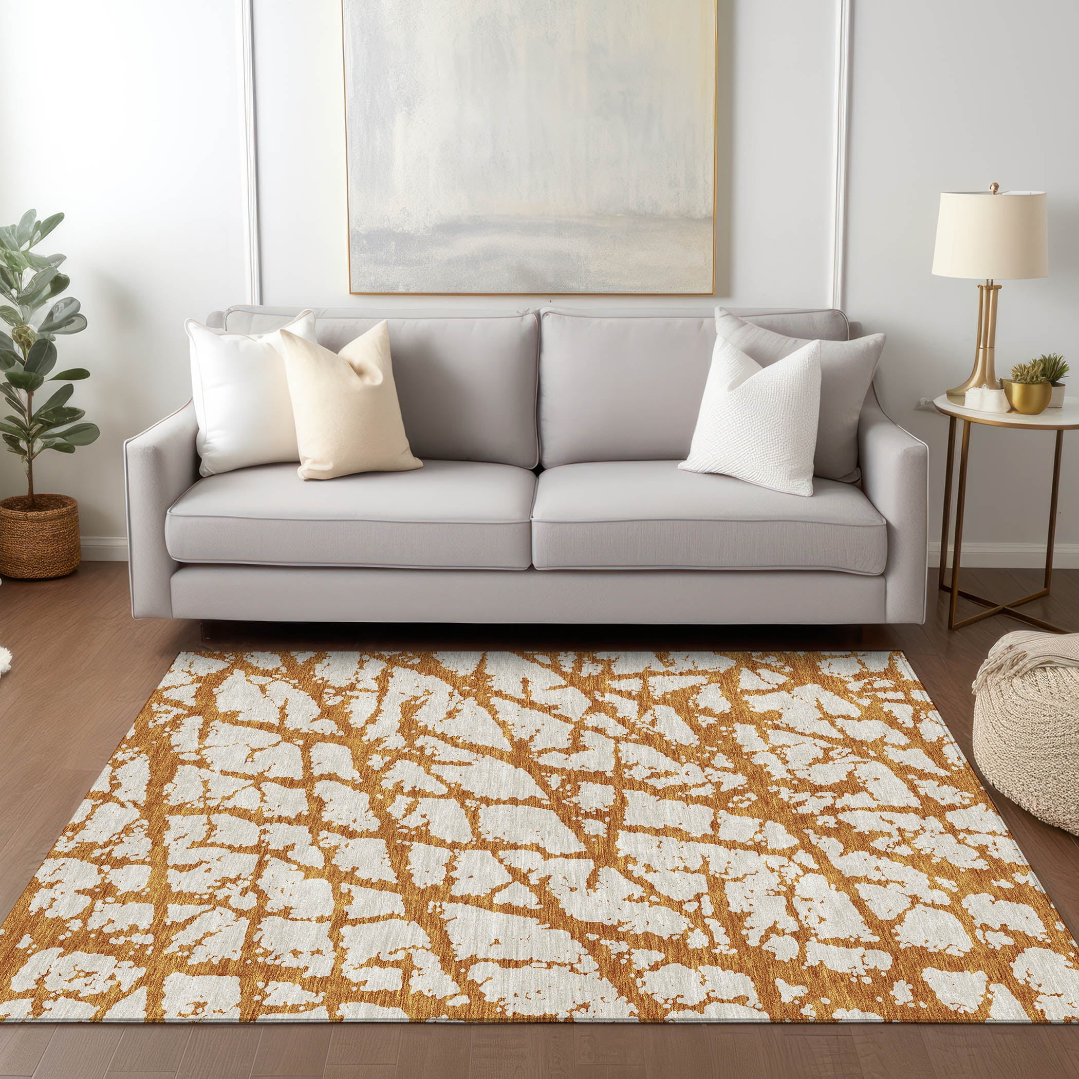 Copper and White Abstract Rectangular Washable Rug