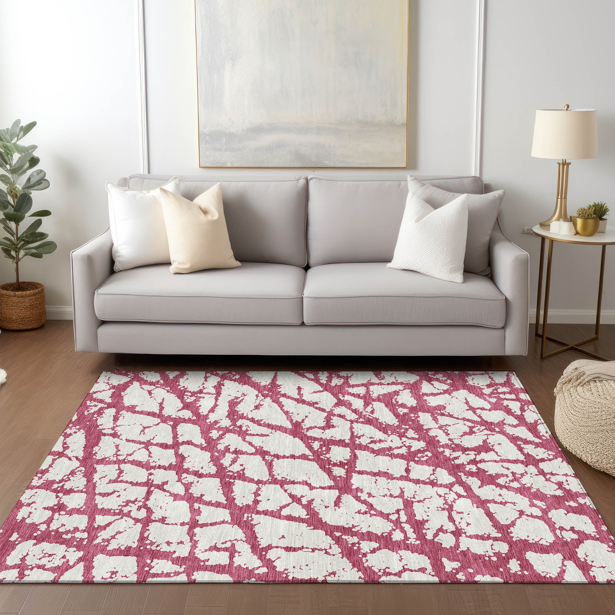 Blush and White Abstract Machine-Washable Indoor/Outdoor Rug