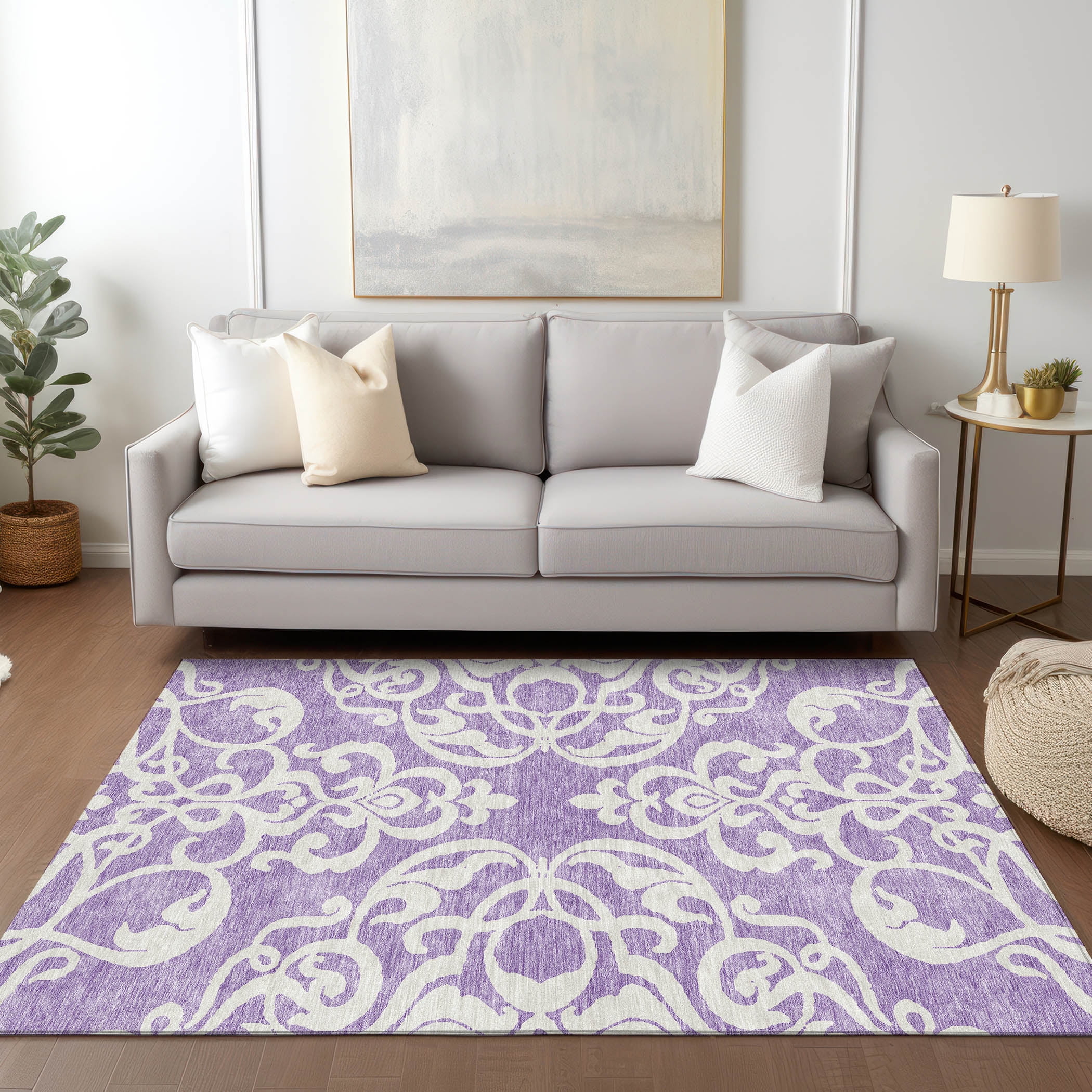 Purple and White Synthetic Flat Woven Rectangular Rug