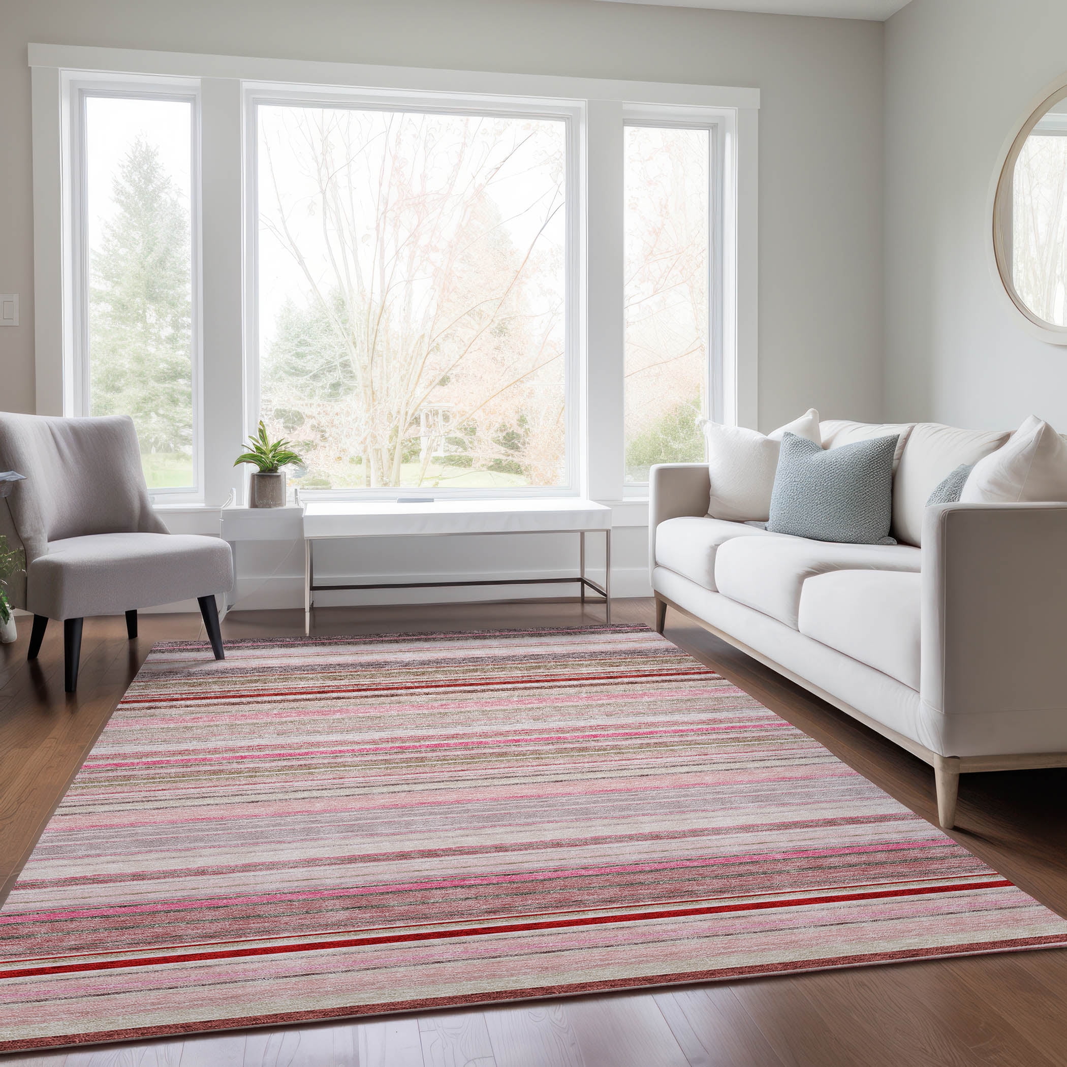 Pink and Beige Striped Synthetic Indoor/Outdoor Rug