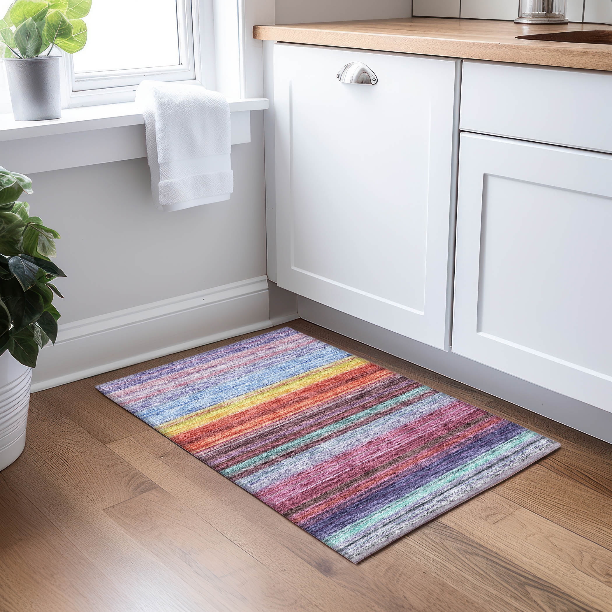 Lavender Multicolor Striped Synthetic Indoor Outdoor Rug