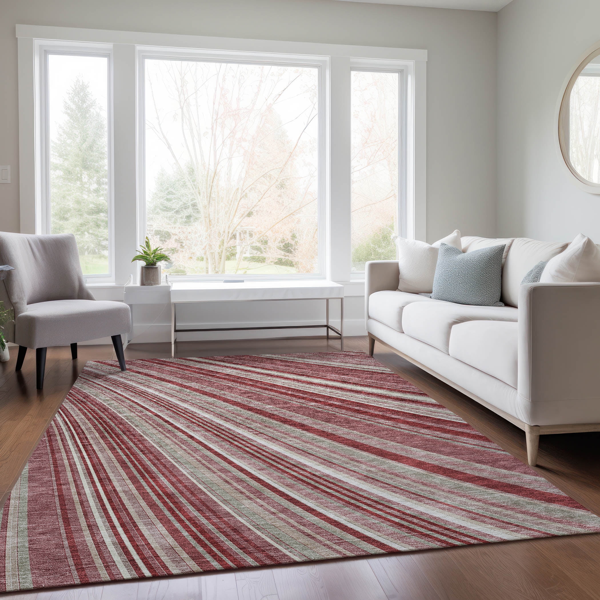 Garnet Red and White Striped Synthetic Washable Rug 2'6" x 3'10"