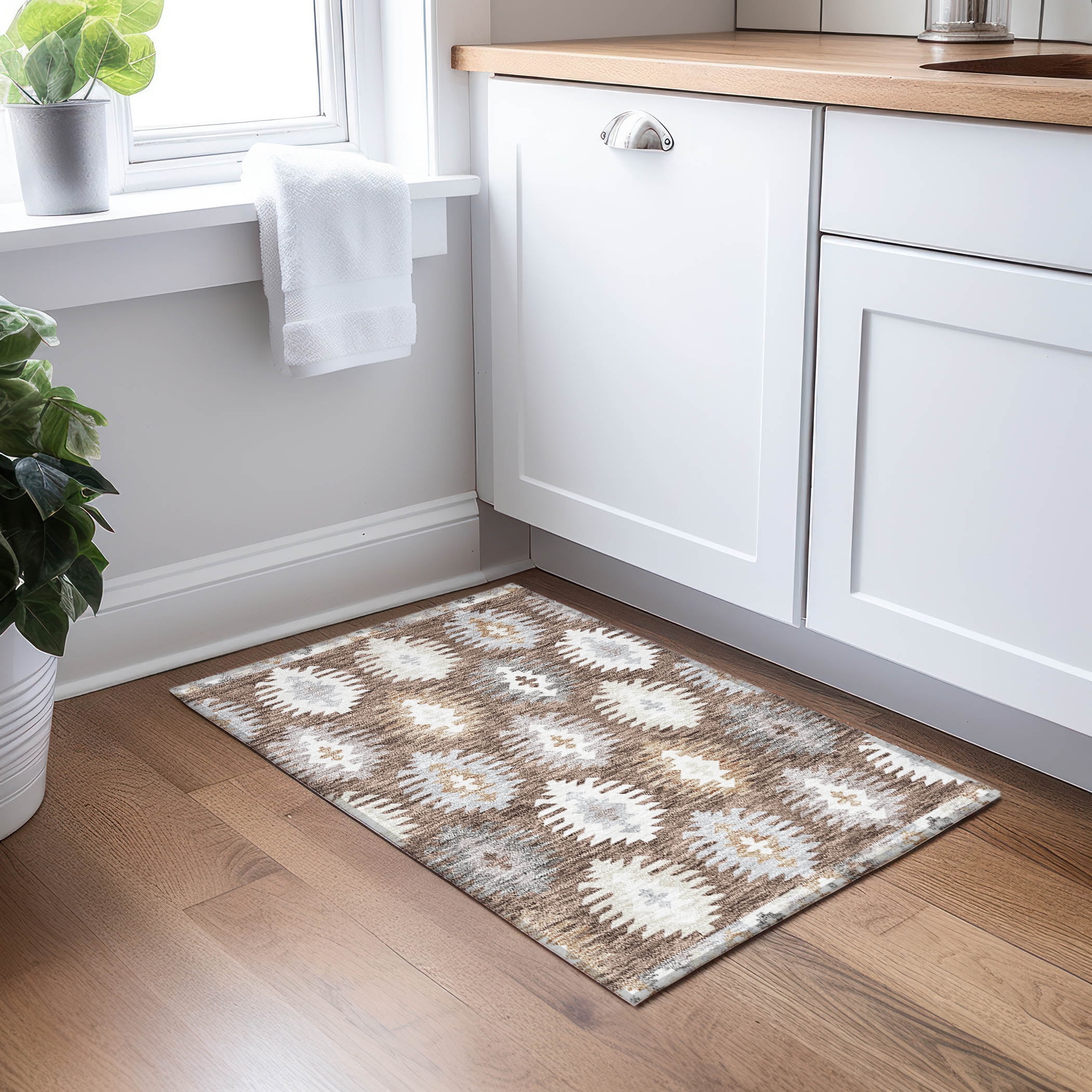 Brown and Beige Rectangular Synthetic Washable Area Rug