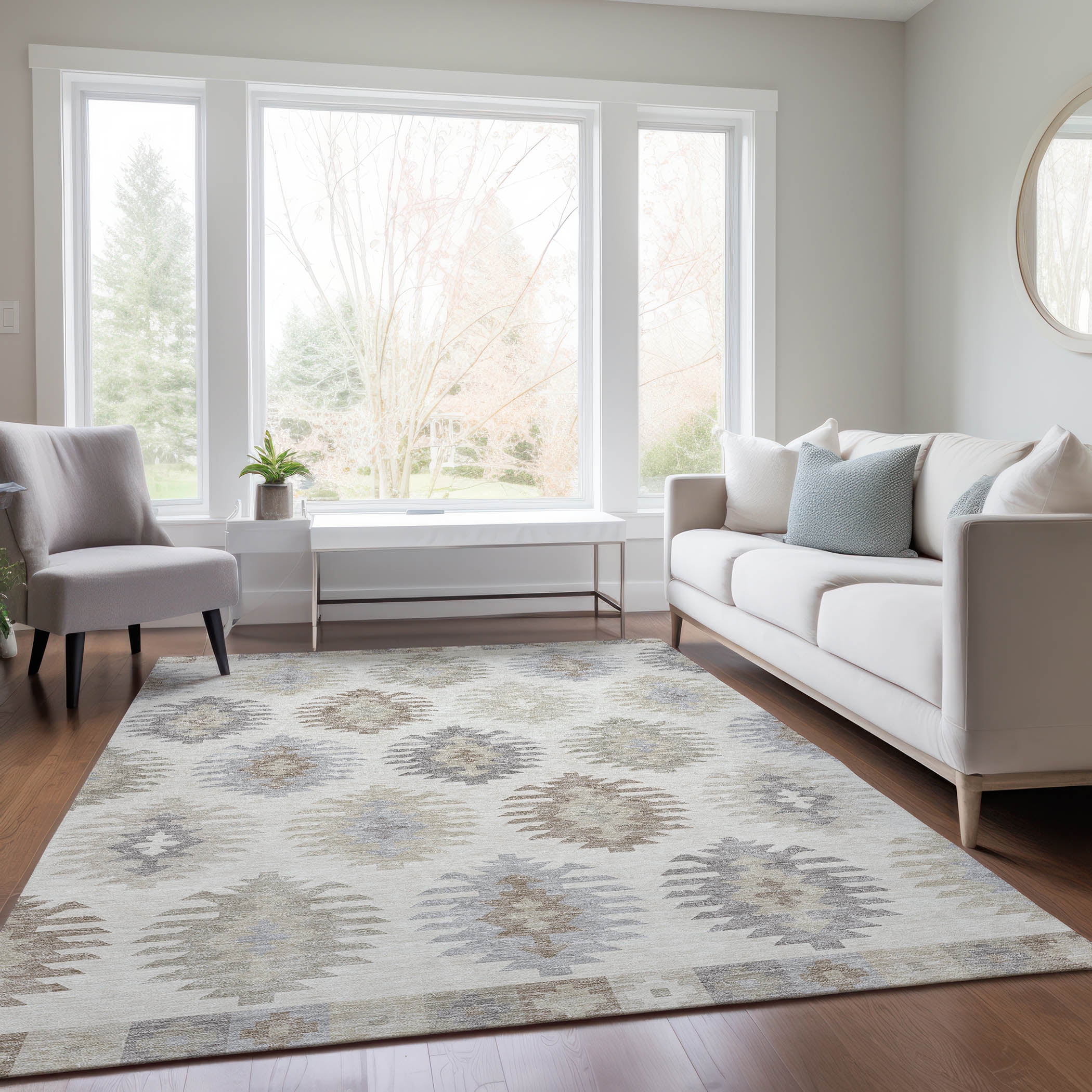Ivory Rectangular Machine-Washable Indoor/Outdoor Area Rug