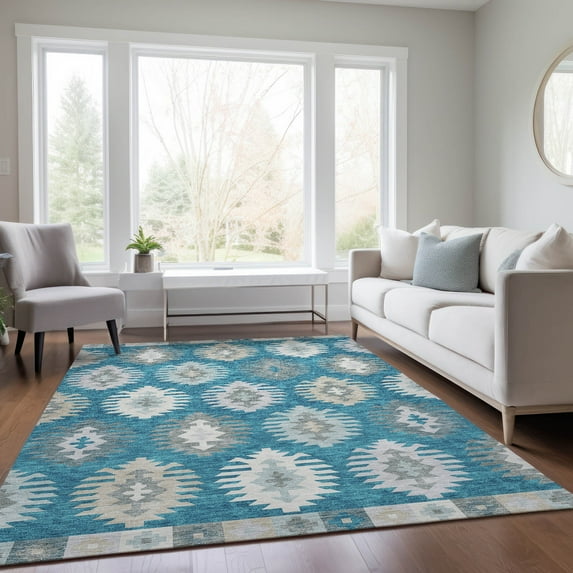 Addison Rugs Chantille Indoor/Outdoor Transitional Southwest Teal Washable Rectangle Rug, 8' x 10'