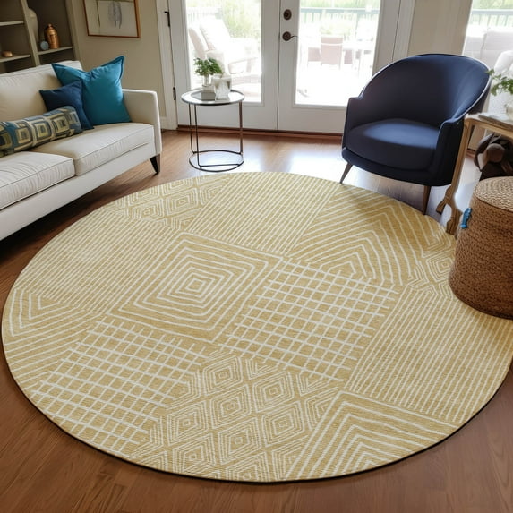 Addison Rugs Chantille Indoor/Outdoor Transitional Geometric Gold Washable Round Rug, 8' x 8'