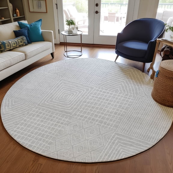 Addison Rugs Chantille Indoor/Outdoor Transitional Geometric Silver Washable Round Rug, 8' x 8'