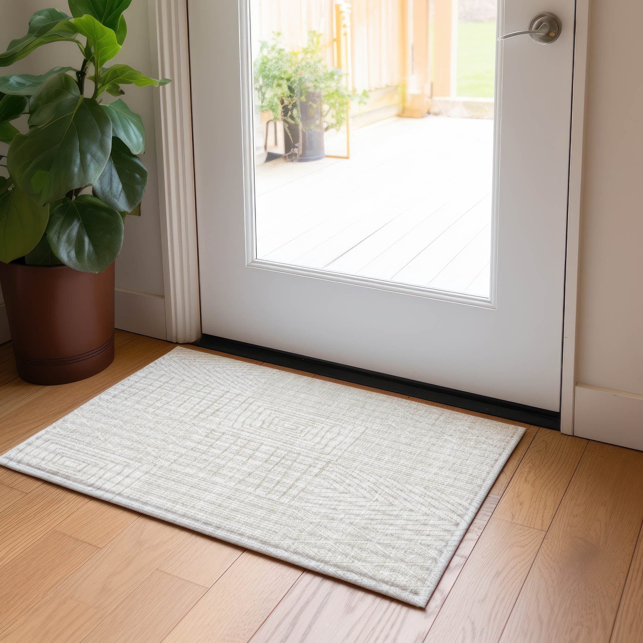 Ivory Geometric Washable Synthetic Rectangular Rug 20" x 30"