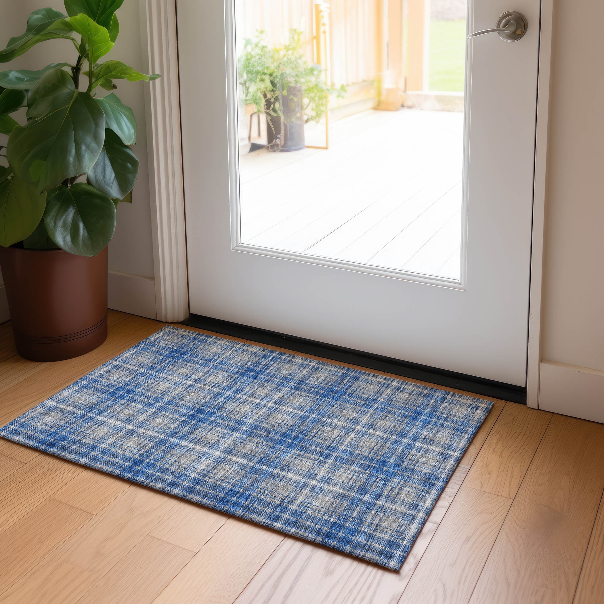 Gray and Blue Plaid Machine Washable Synthetic Rug