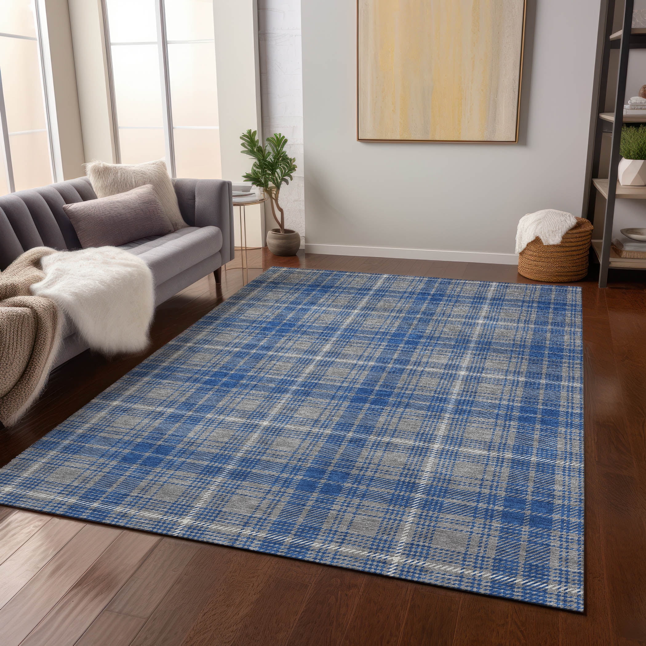 Gray and Blue Plaid Machine Washable Synthetic Rug