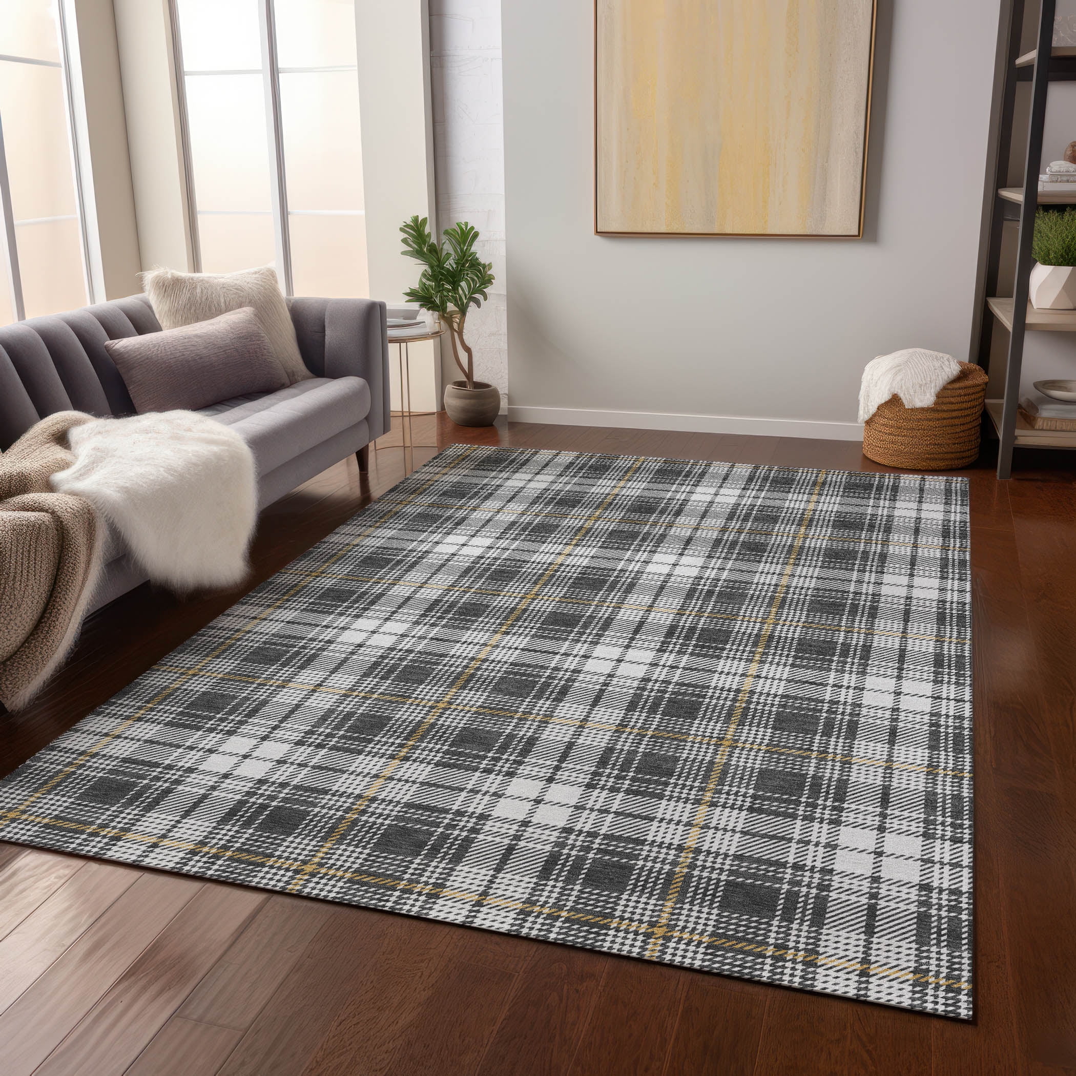 Charcoal Plaid Machine Washable Synthetic Indoor/Outdoor Rug