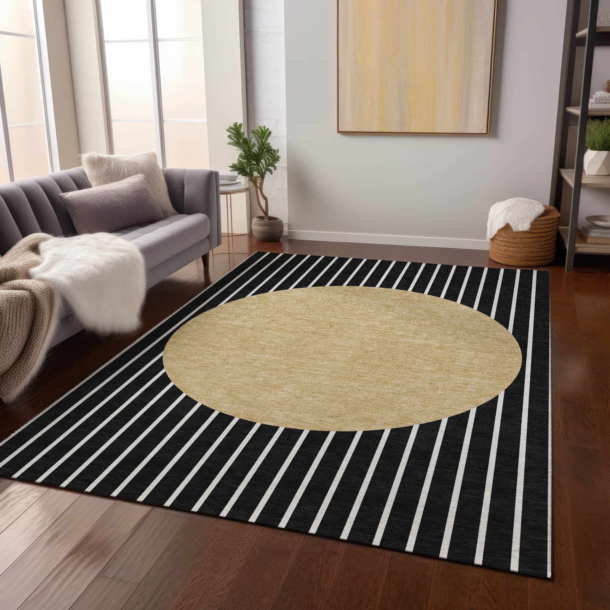 Black and Beige Rectangular Synthetic Washable Area Rug