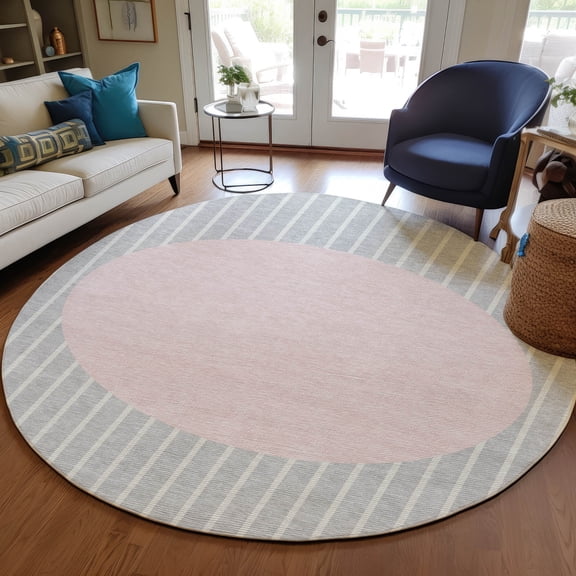 Addison Rugs Chantille Indoor/Outdoor Transitional Stripes Silver Washable Round Rug, 8' x 8'