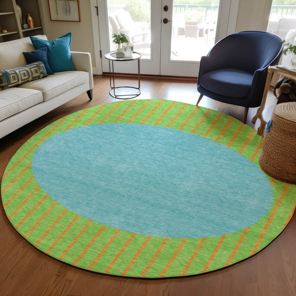 Addison Rugs Chantille Indoor/Outdoor Transitional Stripes Lime Washable Round Rug, 8' x 8'