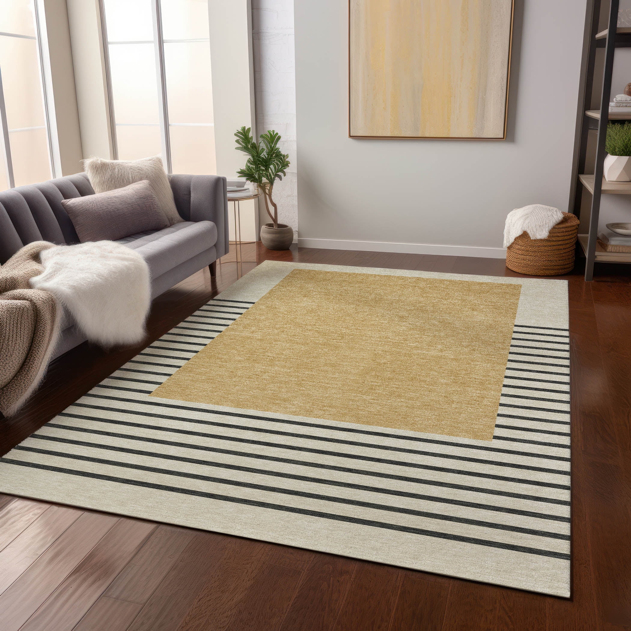 Gold and Off-White Striped Synthetic Washable Area Rug 3' x 5'
