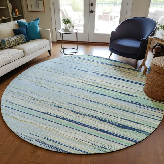Addison Rugs Chantille Indoor/Outdoor Transitional Stripes Sky Washable Round Rug, 8' x 8'