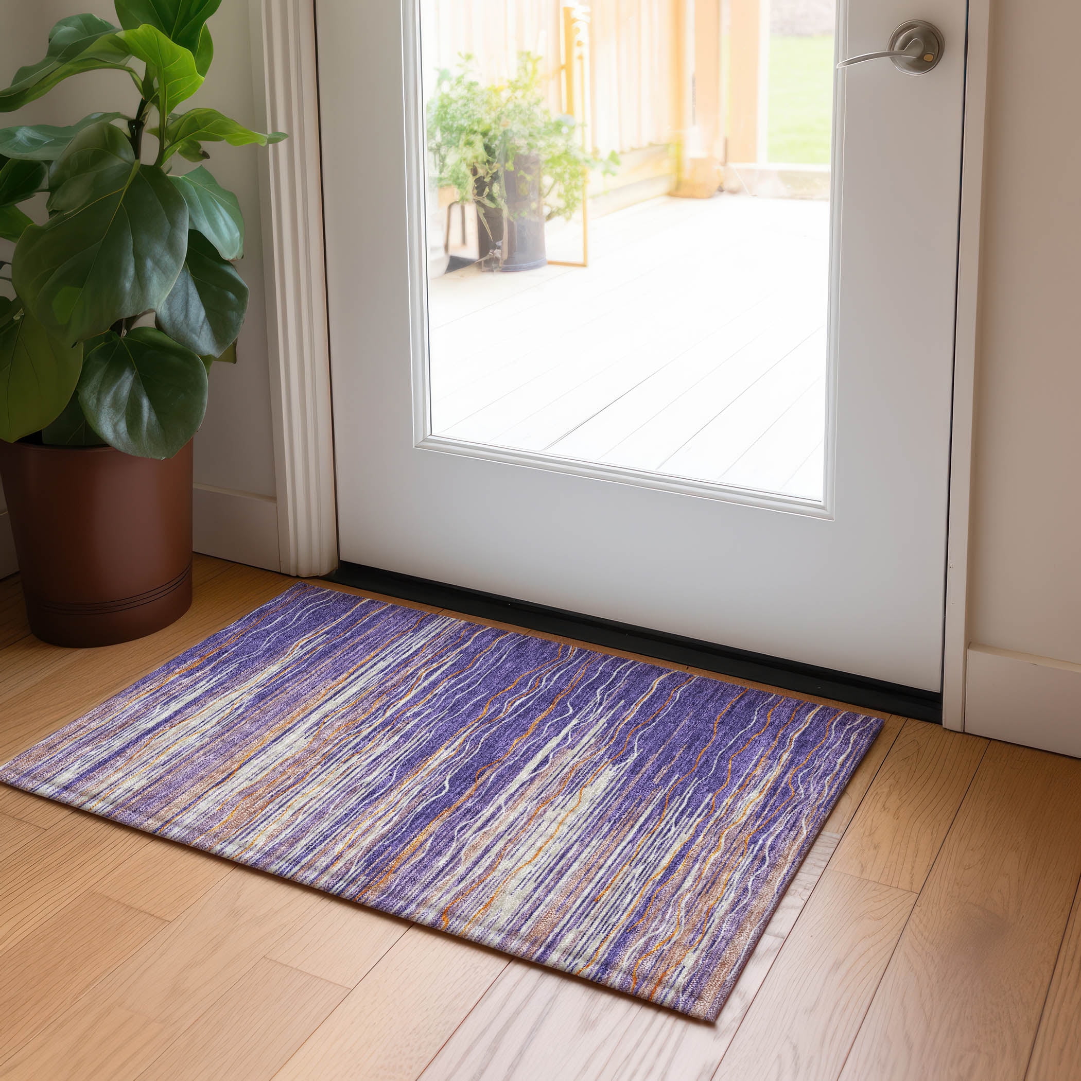 Purple Synthetic Stripe Washable Indoor Outdoor Rug 30" x 20"