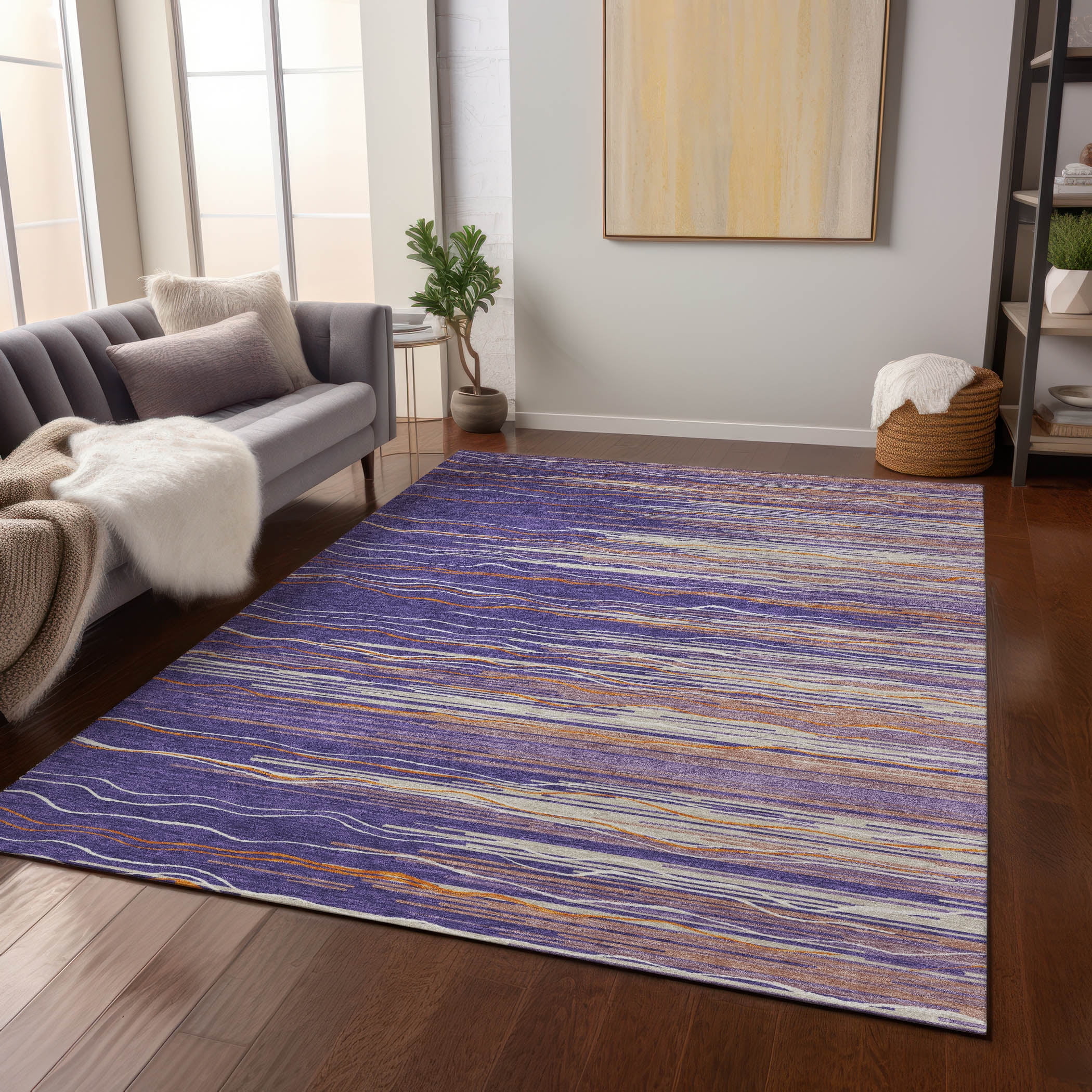 Purple Striped Synthetic Flat Woven Washable Area Rug 2'6" x 3'10"