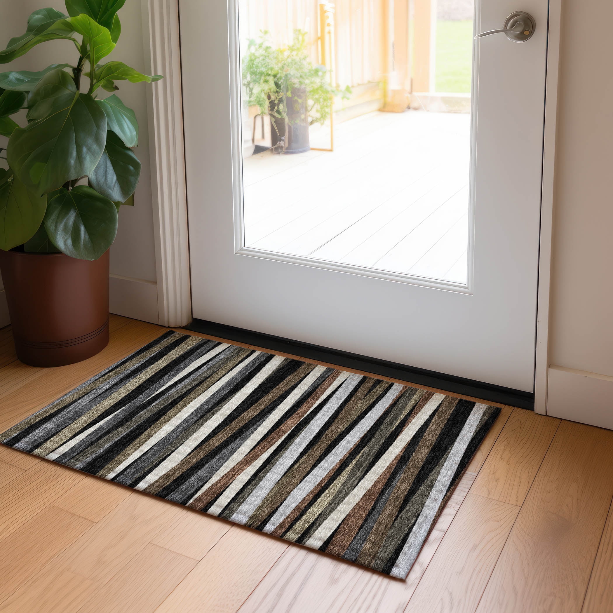 Black and Brown Striped Synthetic Washable Rug 30" x 20"