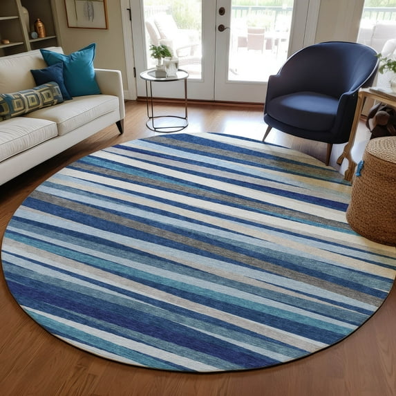 Addison Rugs Chantille Indoor/Outdoor Transitional Stripes Navy Washable Round Rug, 8' x 8'