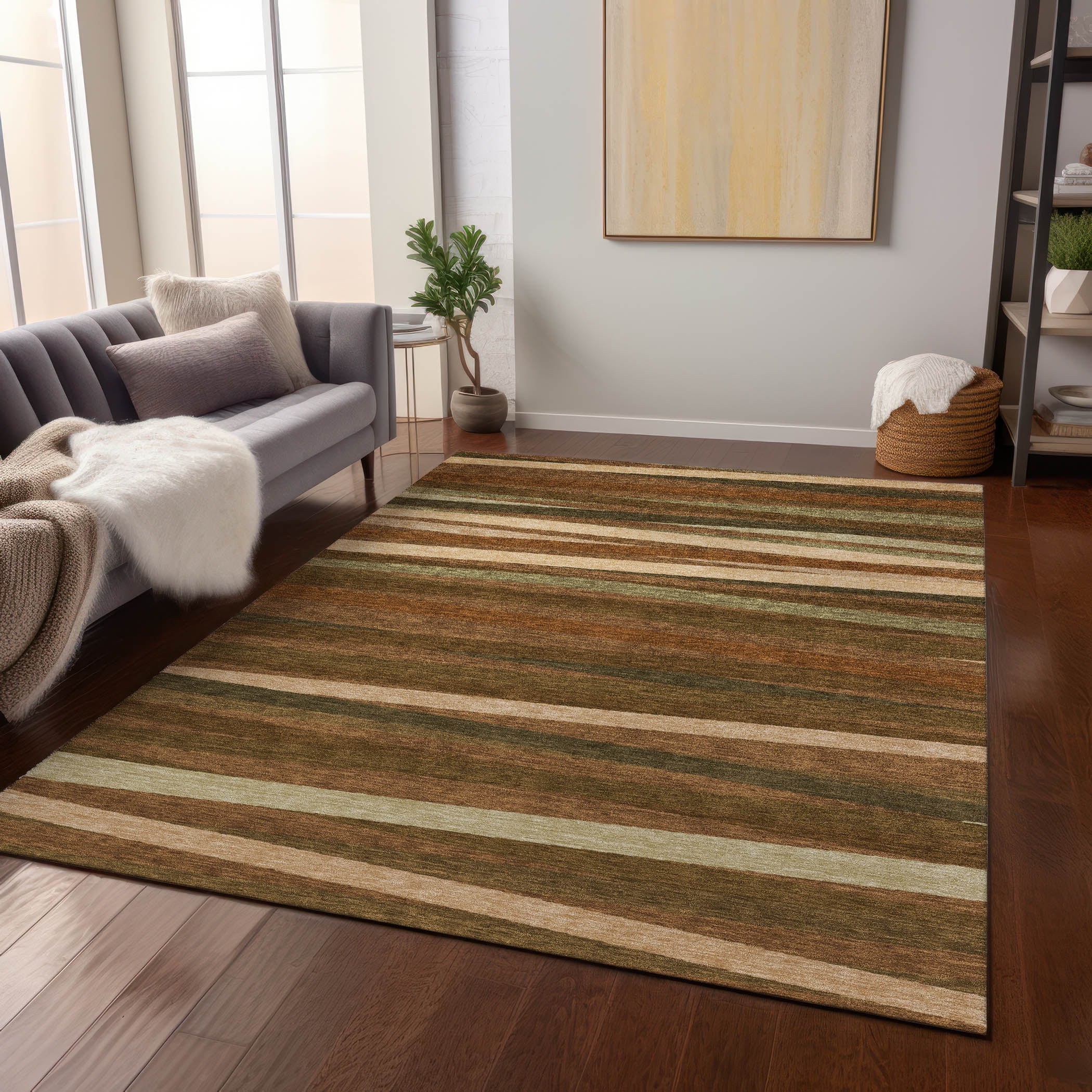 Paprika Stripe Synthetic Flat Woven Washable Rug