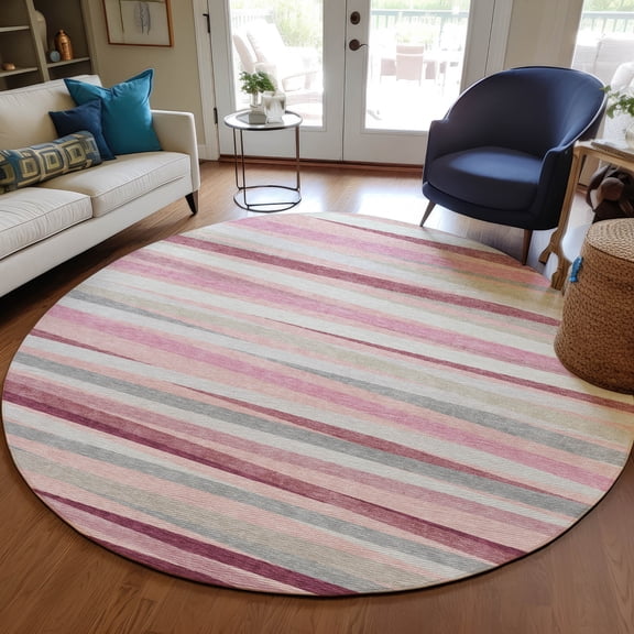 Addison Rugs Chantille Indoor/Outdoor Transitional Stripes Pink Washable Round Rug, 8' x 8'