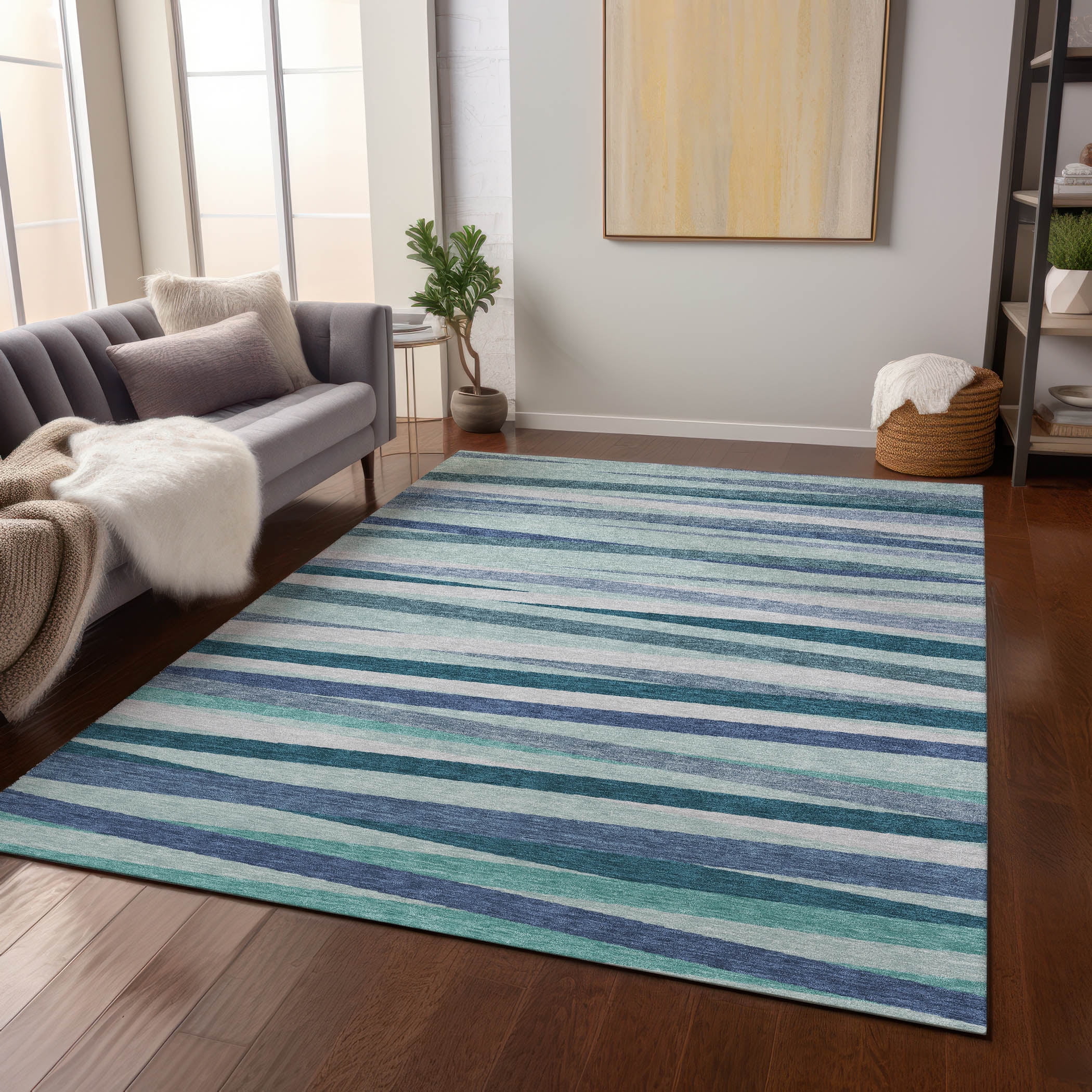 Teal Striped Synthetic Washable Indoor Outdoor Rug 2'6" x 3'10"
