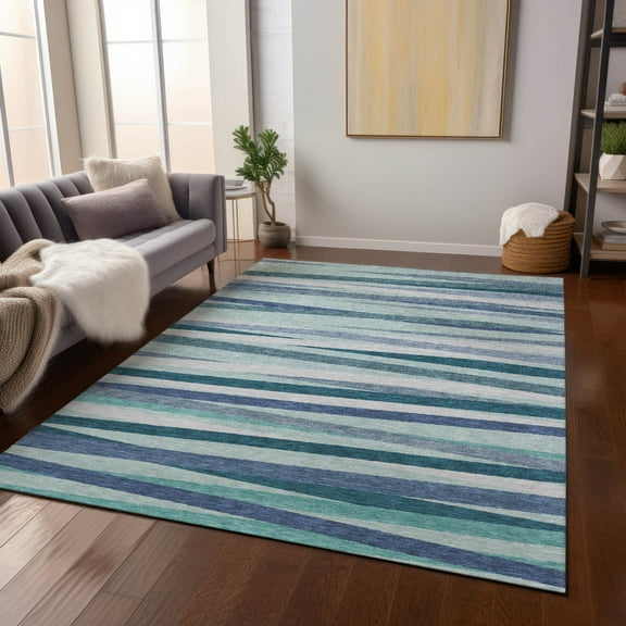 Addison Rugs Chantille Indoor/Outdoor Transitional Stripes Teal Washable Rectangle Rug, 5' x 7'6"