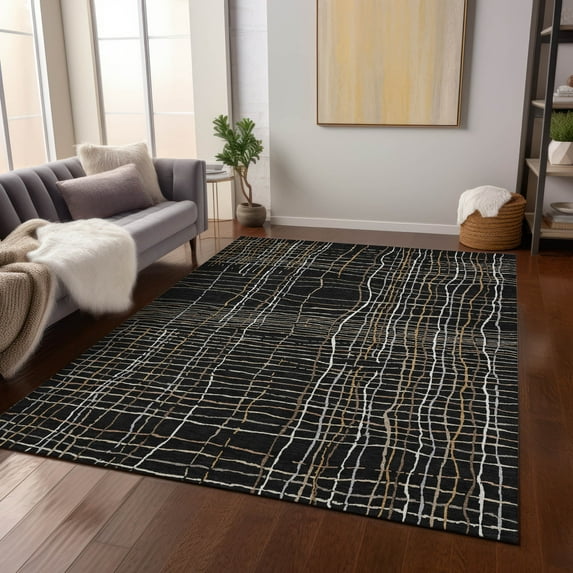 Addison Rugs Chantille Indoor/Outdoor Transitional Stripes Black Washable Rectangle Rug, 10' x 14'