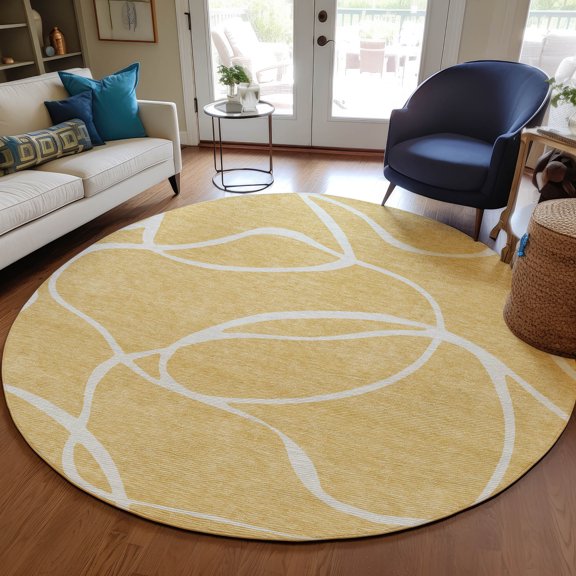 Addison Rugs Chantille Indoor/Outdoor Transitional Geometric, Abstract Gold Washable Round Rug, 8' x 8'