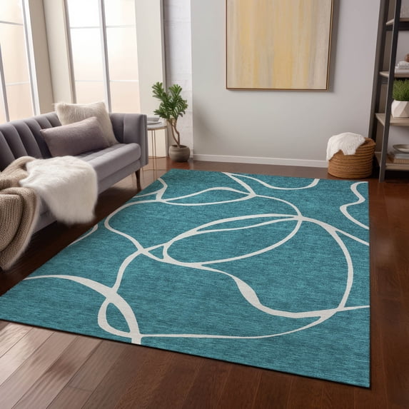 Addison Rugs Chantille Indoor/Outdoor Transitional Geometric, Abstract Teal Washable Rectangle Rug, 5' x 7'6"
