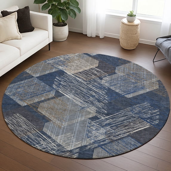 Addison Rugs Chantille Indoor/Outdoor Contemporary Geometric Navy Machine Washable Round Rug, 8' x 8'