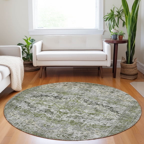 Addison Rugs Chantille Indoor/Outdoor Traditional Border Aloe Machine Washable Round Rug, 8' x 8'