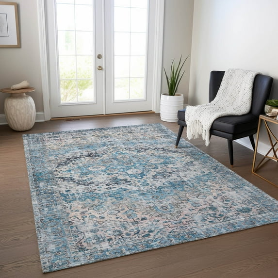 Addison Rugs Chantille Indoor/Outdoor Traditional Border Blue Machine Washable Rectangle Rug, 10' x 14'