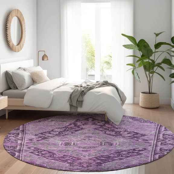 Addison Rugs Chantille Indoor/Outdoor Traditional Border Eggplant Machine Washable Round Rug, 8' x 8'