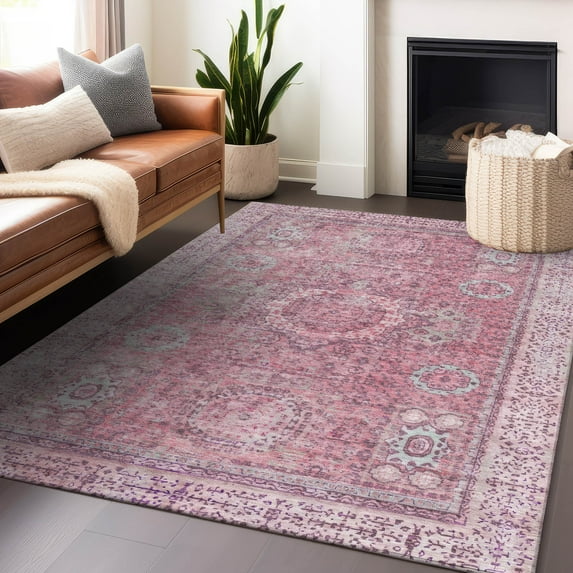 Addison Rugs Chantille Indoor/Outdoor Traditional Border Pink Machine Washable Rectangle Rug, 5' x 7'6"