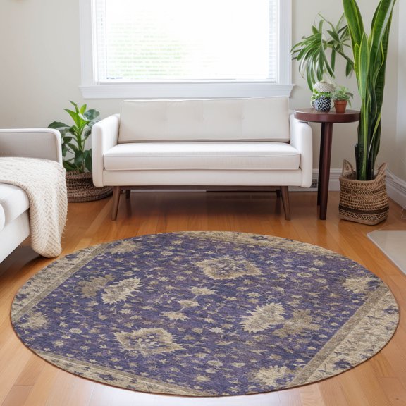 Addison Rugs Chantille Indoor/Outdoor Traditional Border Purple Machine Washable Round Rug, 8' x 8'