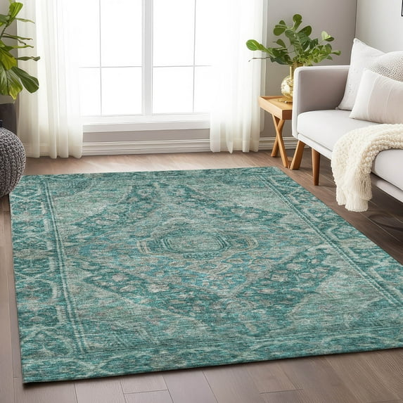 Addison Rugs Chantille Indoor/Outdoor Traditional Border Teal Machine Washable Rectangle Rug, 9' x 12'
