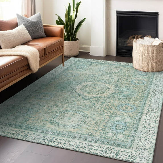 Addison Rugs Chantille Indoor/Outdoor Traditional Border Turquoise Machine Washable Rectangle Rug, 8' x 10'