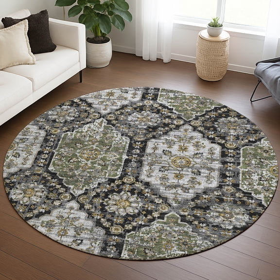 Addison Rugs Chantille Indoor/Outdoor Traditional Damask Black Machine Washable Round Rug, 8' x 8'